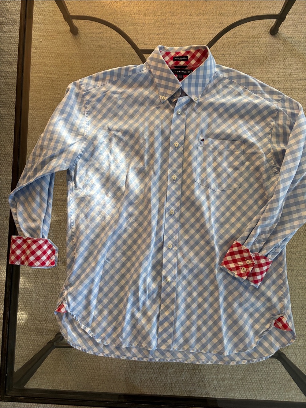 Tommy Hilfiger Light Blue and White Gingham Button-Down Shirt with Red Contrast